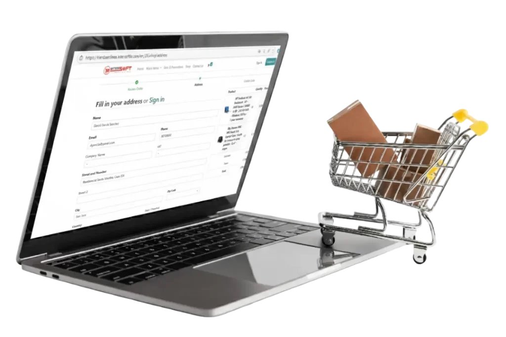 Intersoft proveedor de hardware en Costa Rica facilita tu compra por medio de la tienda en línea de Intersoft. Se muestra representación visual donde el cliente ingresa sus datos para comprar y que sea enviado una laptop y una mochila hasta la puerta de su casa.