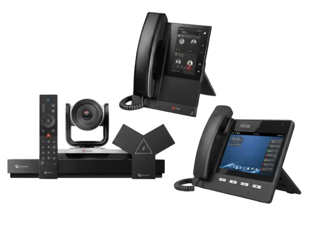 Intersoft es proveedor de dispositivos de telecomunicaciones de alta calidad en Costa Rica. Se muestra representación visual de una cámara de videoconferencia Poly G7500, un teléfono IP de escritorio Poly y un teléfono de video IP Fanvil.