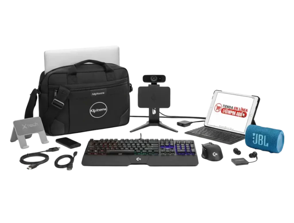 Intersoft es proveedor de accesorios y periféricos en Costa Rica, se muestra representación visual de una tablet con inviración a comprar en la tienda en línea de Intersoft, un bolso KlipXtreme con audífonos, webcam Logitech, teclado y mouse gaming Logitech, altavoz JBL, stand Xtech, cables StarTech.