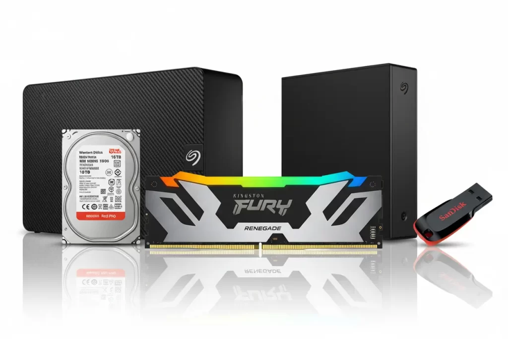 Intersoft es proveedor de almacenamiento y memorias para PC y Servidores en Costa Rica. Se muestra una representación visual almacenamiento wd, seagate, kingston y sandisk.