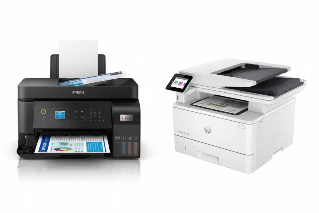 Intersoft es proveedor de Impresoras, escáneres, tinta, consumibles y accesorios de digitalización en Costa Rica. Se muestra representación visual de dos impresoras, una Epson EcoTank negra y una HP LaserJet blanca.