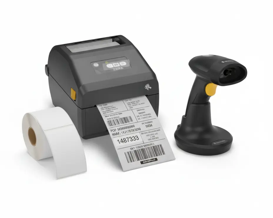 Intersoft es proveedor de puntos de venta, se muestra una representación visual de una impresora de etiquetas Zebra, un lector de código de barras Bematech y un rollo de etiquetas.