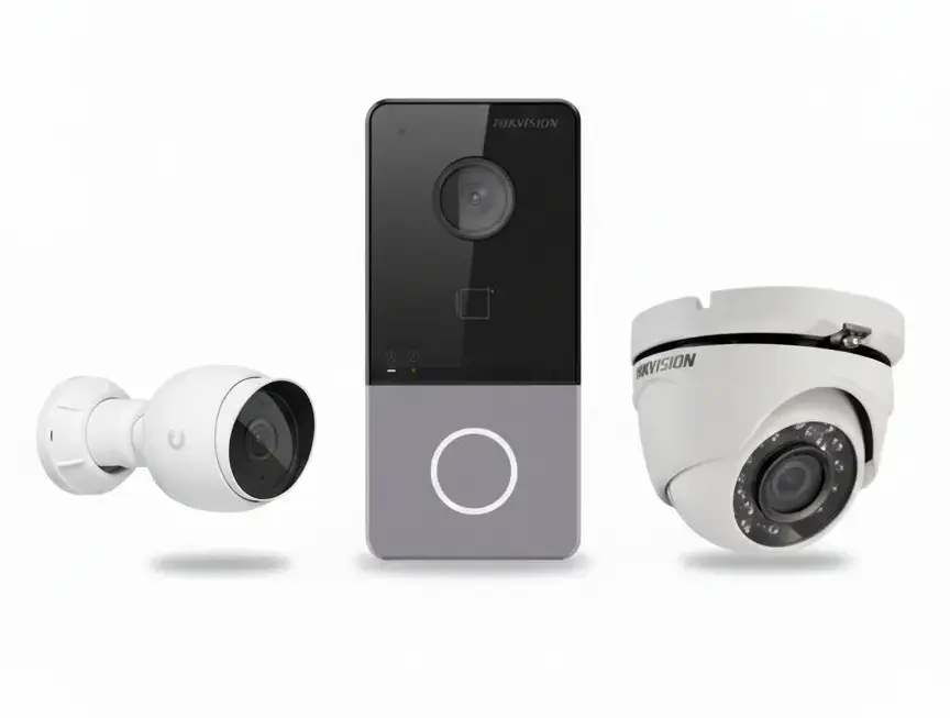 Intersoft es proveedor de videovigilancia de alta calidad, control de acceso e intercomunicadores de máxima seguridad en Costa Rica. Se muestra representación visual de un intercomunicador de videoportero, cámara de seguridad tipo bullet y cámara domo de las marcas líderes: Ubiquiti y HikVision.