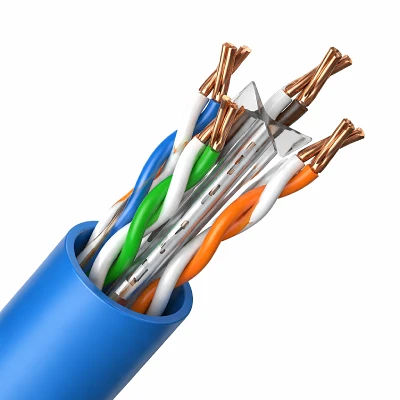 Cable de cobre trenzado mostrando los cuatro pares de hilos de colores preparados para conexión de red.