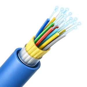 Cable de fibra óptica mostrando los filamentos internos, el revestimiento de aramida amarillo y la chaqueta protectora azul